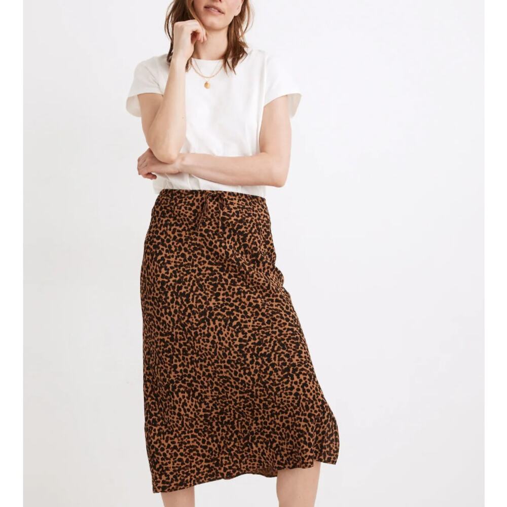 Madewell Drawstring Midi Slip Skirt in Brushed Leopard size 8